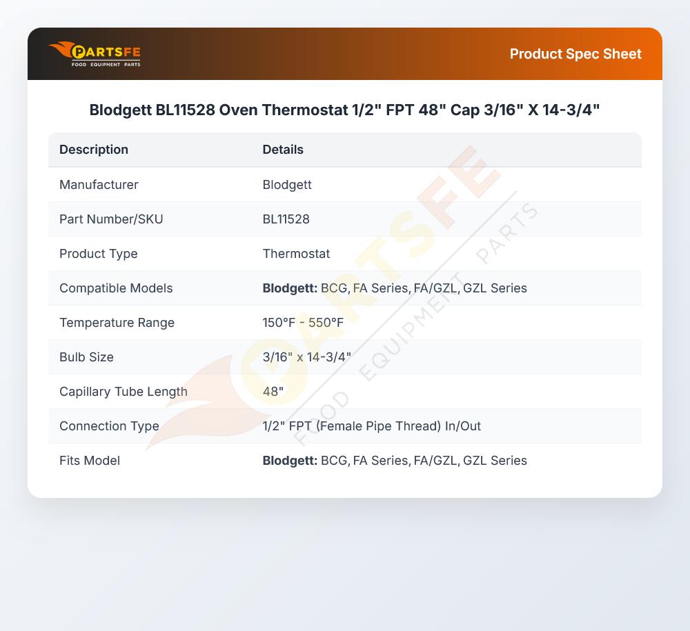 Blodgett BL11528 Oven Thermostat 1/2" FPT 48" Cap 3/16" X 14-3/4"