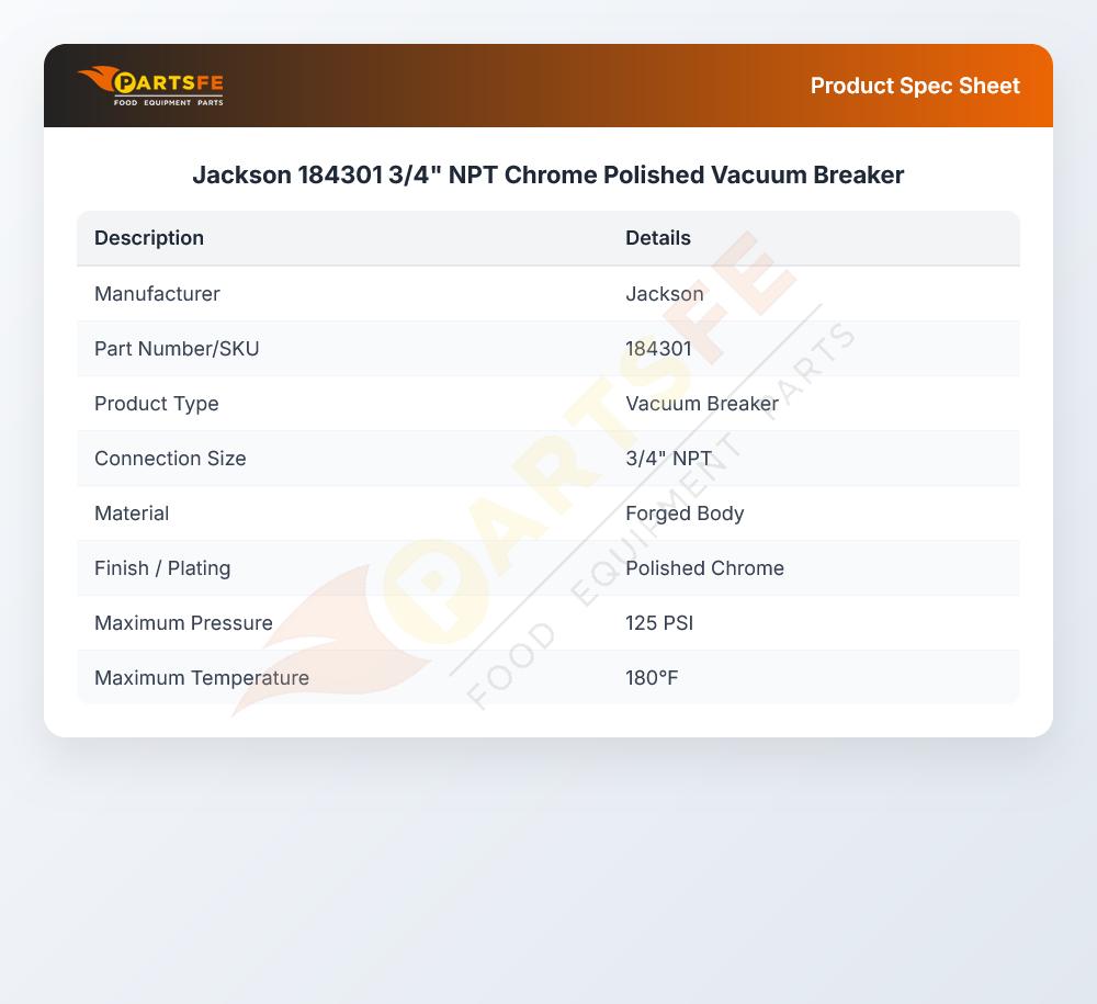 Jackson 184301 Vacuum Breaker Chrome Polished 3/4" NPT