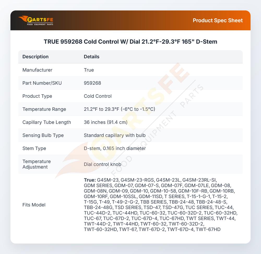 TRUE 959268 Cold Control W/ Dial 21.2&deg;F-29.3&deg;F 165" D-Stem