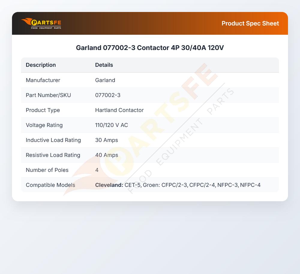 Garland 077002-3 Contactor 4P 30/40A 120V