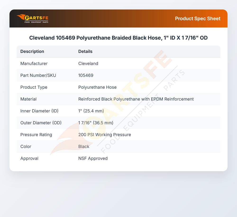 Cleveland 105469 Polyurethane Braided Black Hose, 1" ID X 1 7/16" OD