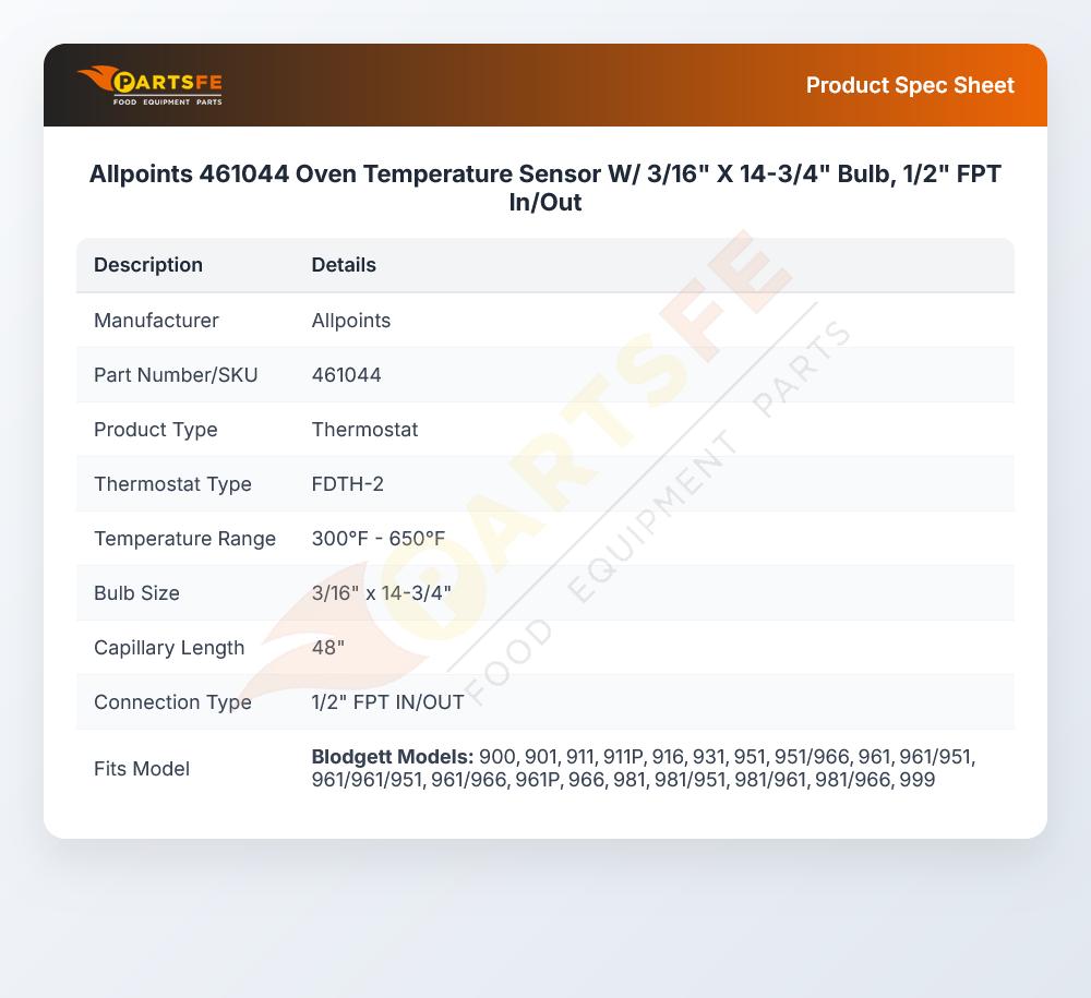 Allpoints 461044 Oven Temperature Sensor W/ 3/16" X 14-3/4" Bulb, 1/2" FPT In/Out