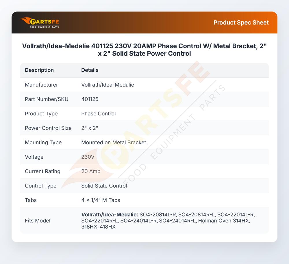 Vollrath/Idea-Medalie 401125 Phase Control W/Metal Bracket  2" X 2" 20AMP 230V
