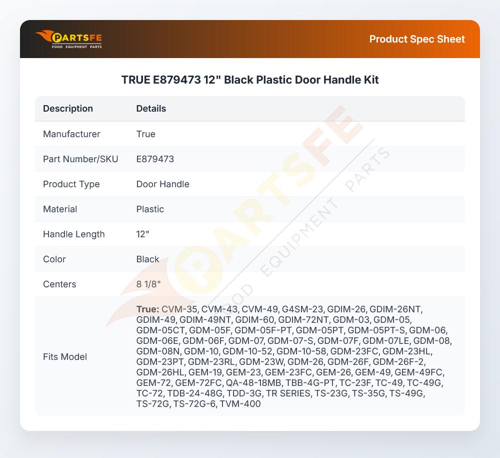True E879473 Door Handle Kit 12" Black Plastic