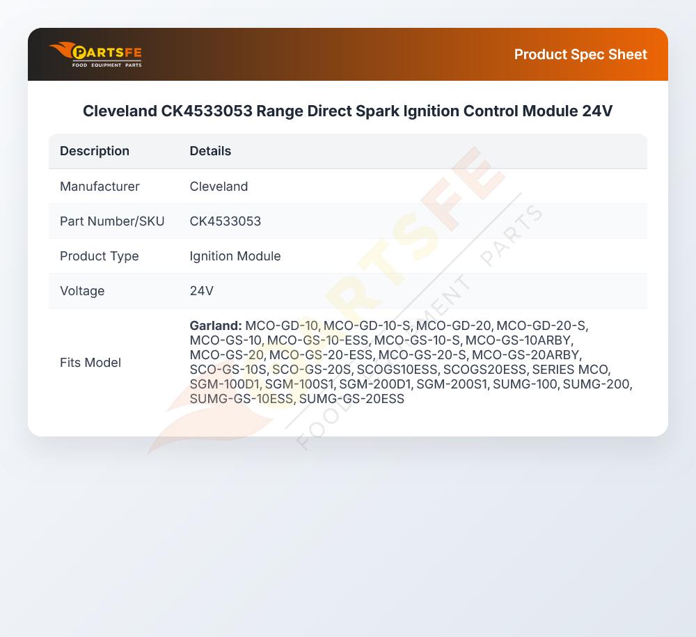 Cleveland CK4533053 Range Direct Spark Ignition Control Module 24V
