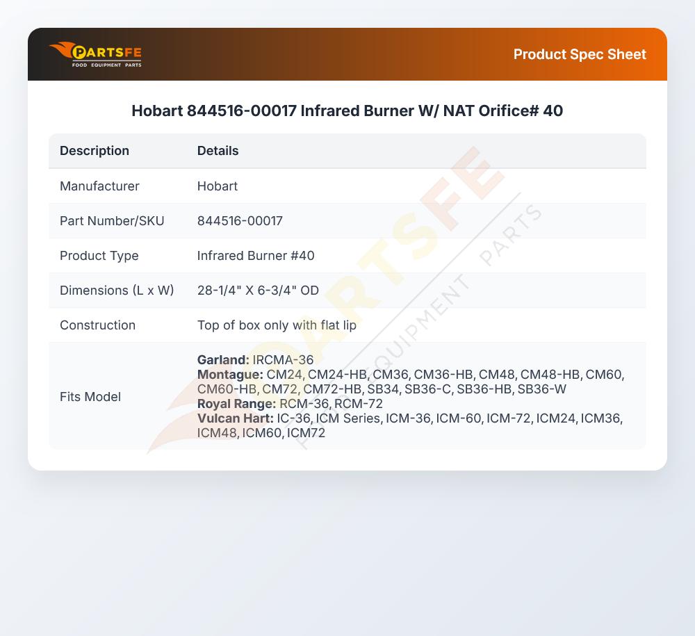 Hobart 844516-00017 Infrared Burner 27-1/4" X 6-3/4"