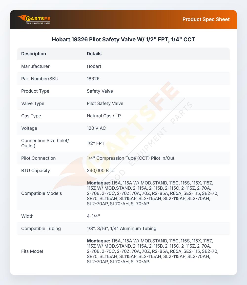 Hobart 18326 Pilot Safety Valve 1/2" Fpt 120V
