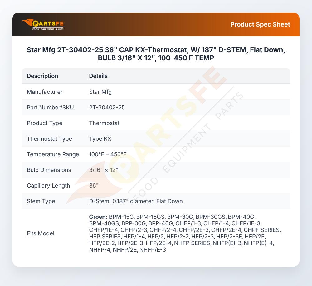 Star Mfg 2T-30402-25 KX Thermostat 24" Cap 450&deg;F
