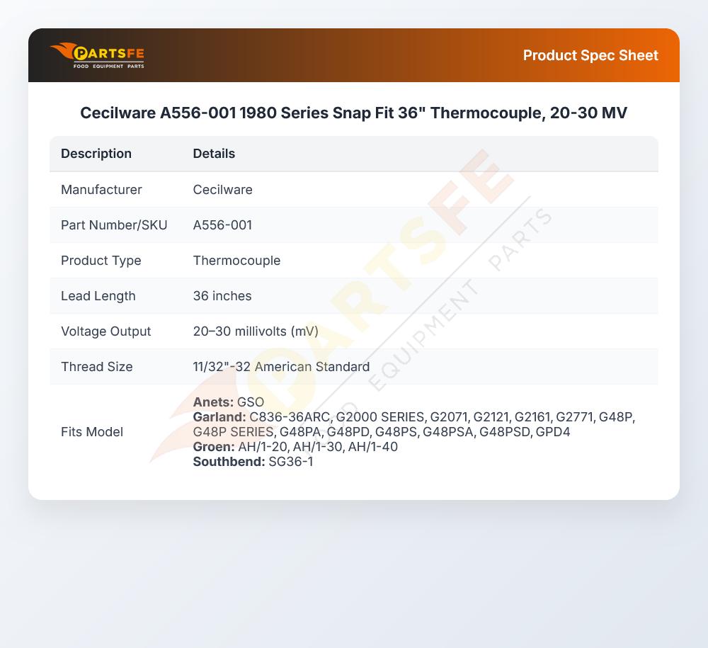 Cecilware A556-001 1980 Series Snap Fit 36" Thermocouple, 20-30 MV