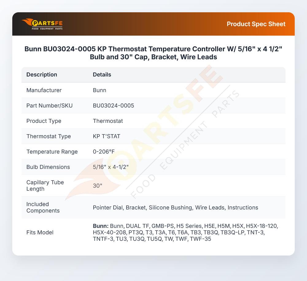 Bunn BU03024-0005 KP Thermostat Temperature Controller W/ 5/16" x 4 1/2" Bulb and 30" Cap, Bracket, Wire Leads