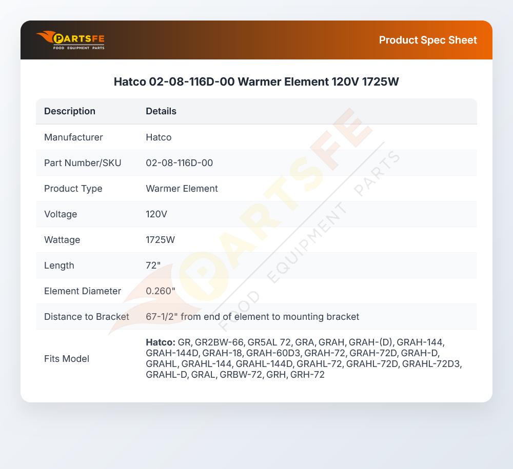 Hatco 02-08-116D-00 Warmer Element 120V 1725W