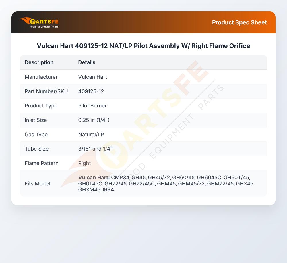 Vulcan Hart 409125-12 NAT/LP Pilot  Assembly W/ Right Flame Orifice