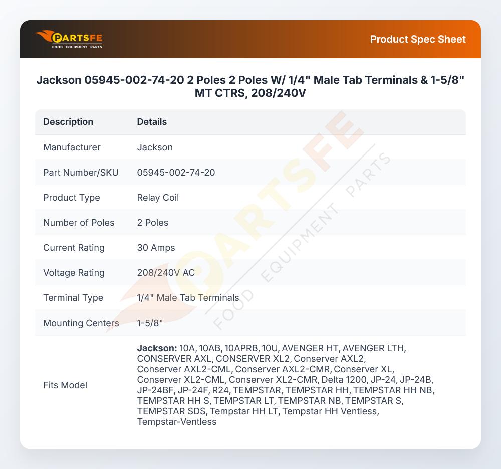Jackson 05945-002-74-20 Contactor 2 Pole W/1/4" Male Tab Terminals & 1-5/8" MT CTRS 208/240V