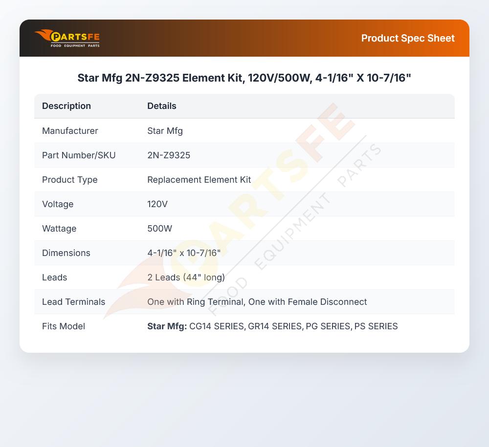 Star Mfg 2N-Z9325 Element Kit, 120V/500W, 4-1/16" X 10-7/16"