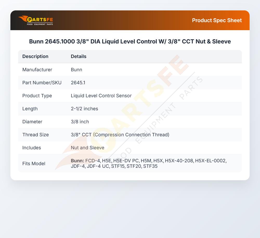 Bunn 2645.1000 3/8" DIA Liquid Level Control W/ 3/8" CCT Nut & Sleeve