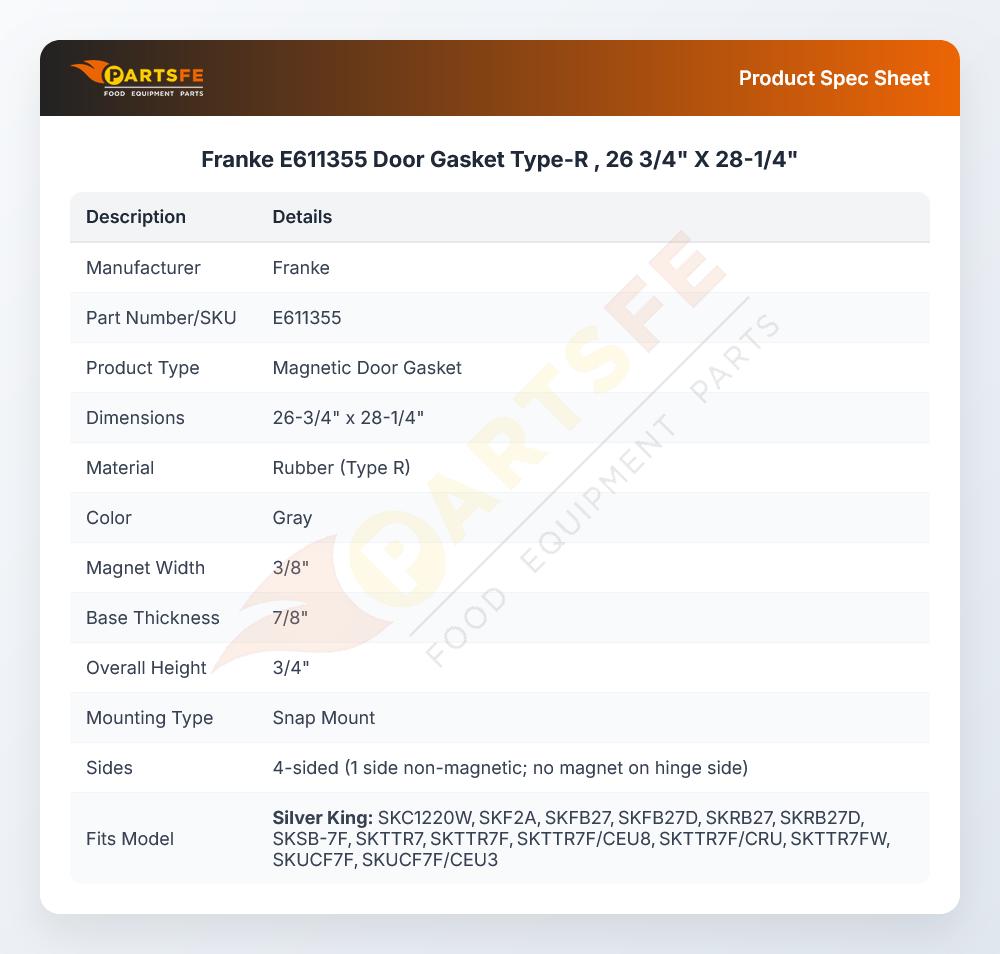 Franke E611355 Door Gasket Type-R , 26 3/4" X 28-1/4"