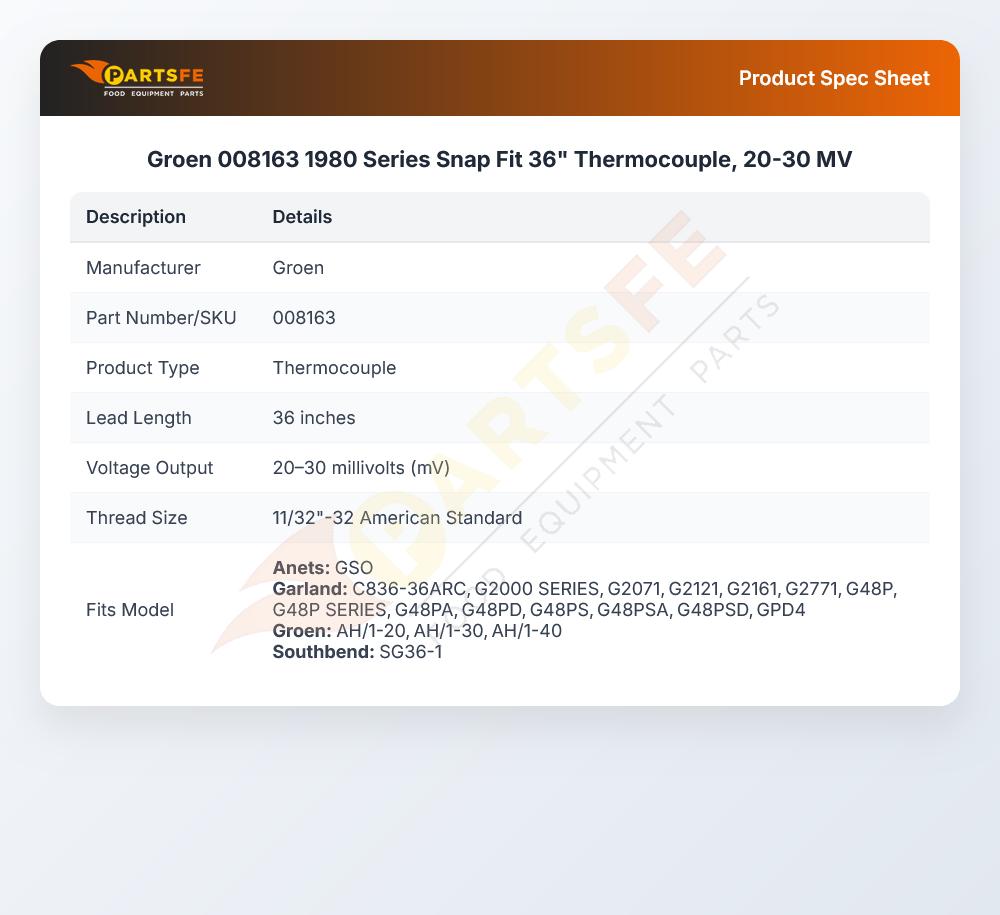 Groen 008163 1980 Series Snap Fit 36" Thermocouple, 20-30 MV