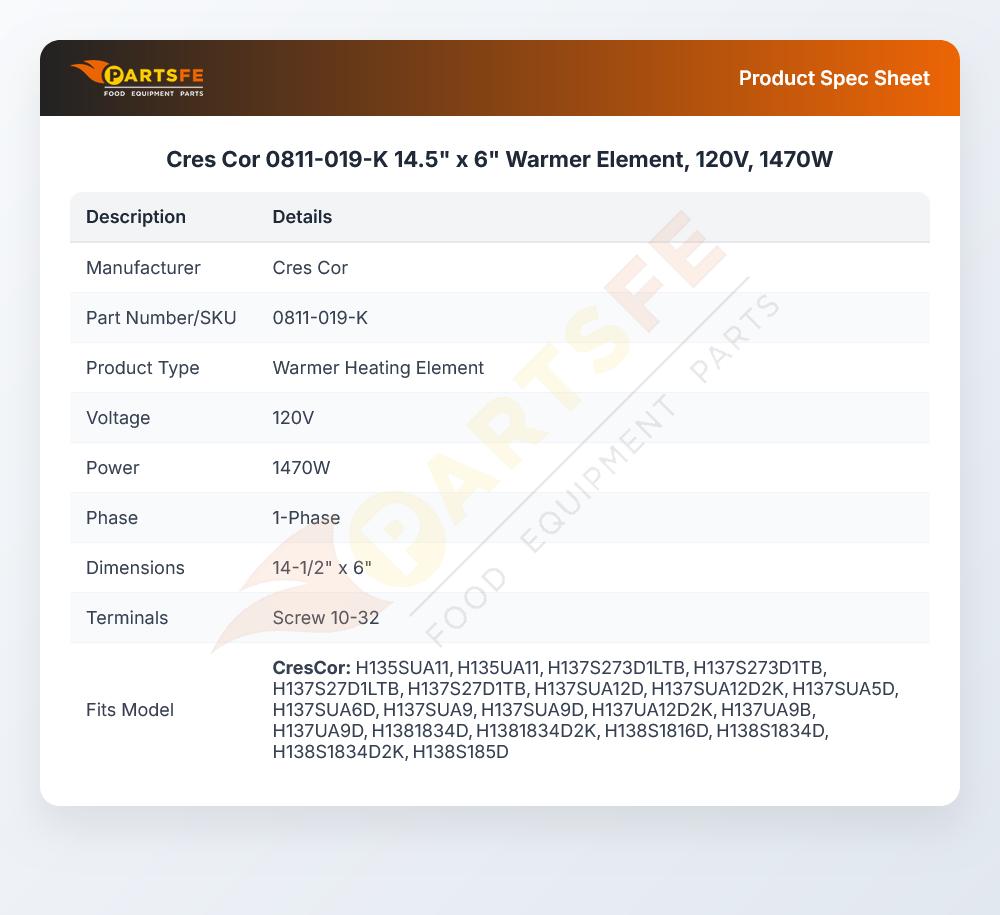 Cres Cor 0811-019-K Hot Cabinet Warmer Element 14.5" x 6" 1470W 120V