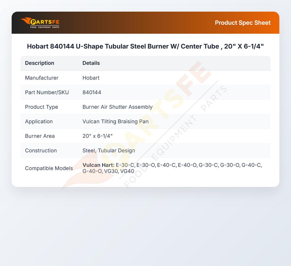 Hobart 840144 Braising Pan Tubular Steel Burner W/Center Tube U-Shape 20" X 6-1/4"