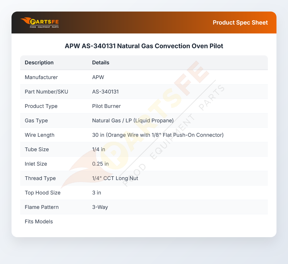 APW AS-340131 Natural Gas Convection Oven Pilot