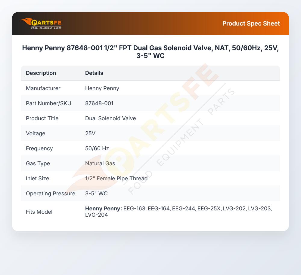 Henny Penny 87648-001 Fryer Solenoid Valve Dual Gas NAT 25V 50/60Hz 1/2" 3-5" WC