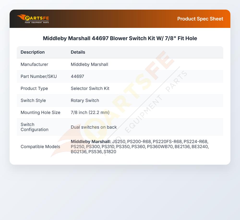 Middleby Marshall 44697 Blower Switch Kit W/7/8" Fit Hole