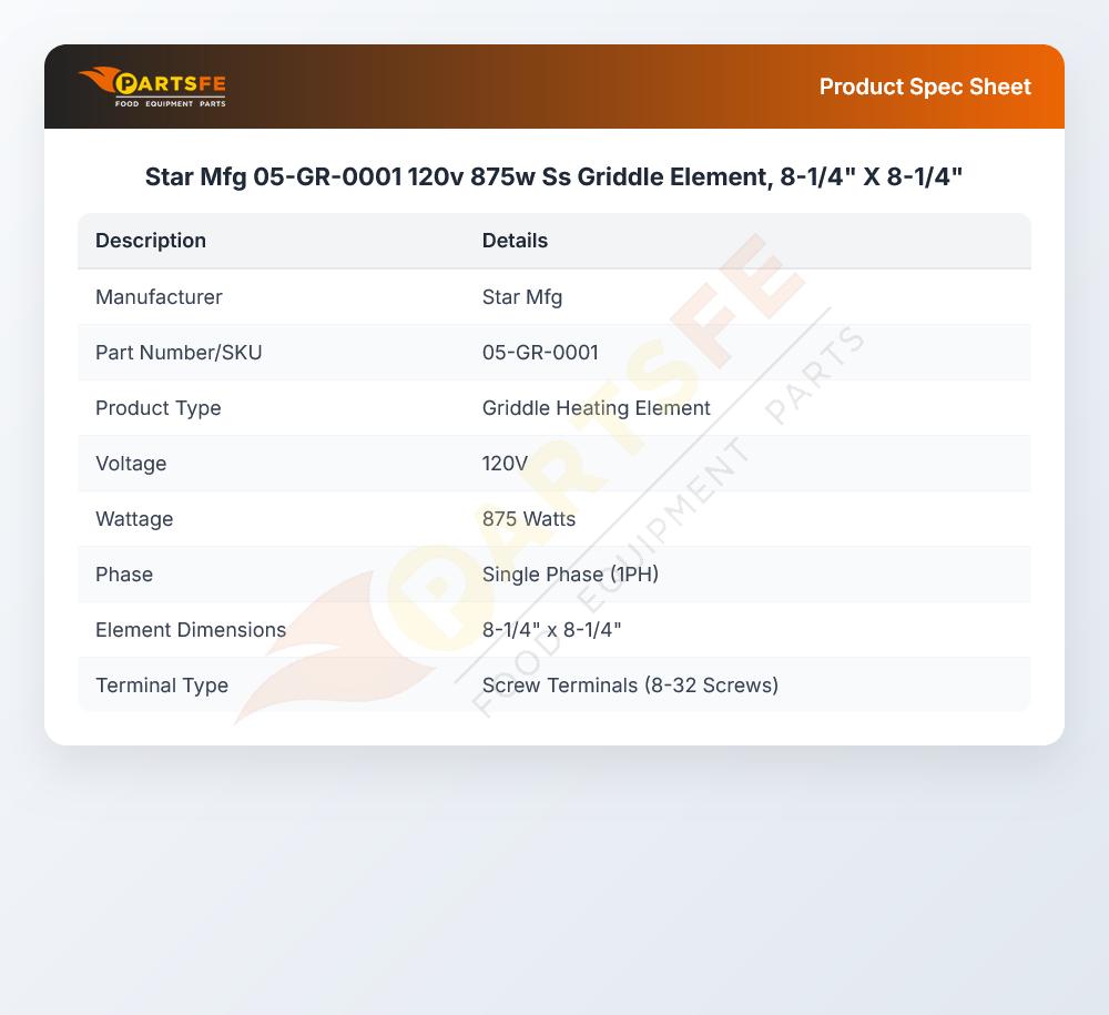 Star Mfg 05-GR-0001 120v 875w Ss Griddle Element, 8-1/4" X 8-1/4"
