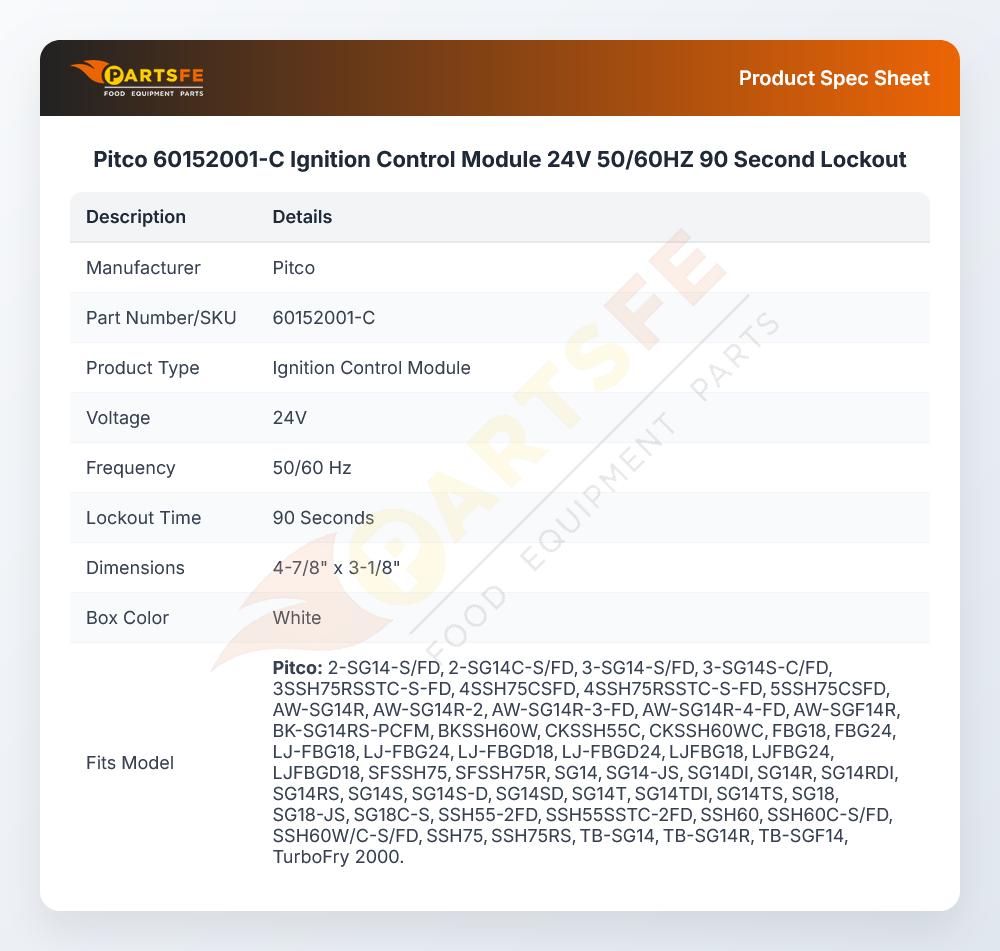 Pitco 60152001-C Fryer Ignition Control Module 24V 50/60Hz 90 Second Lockout