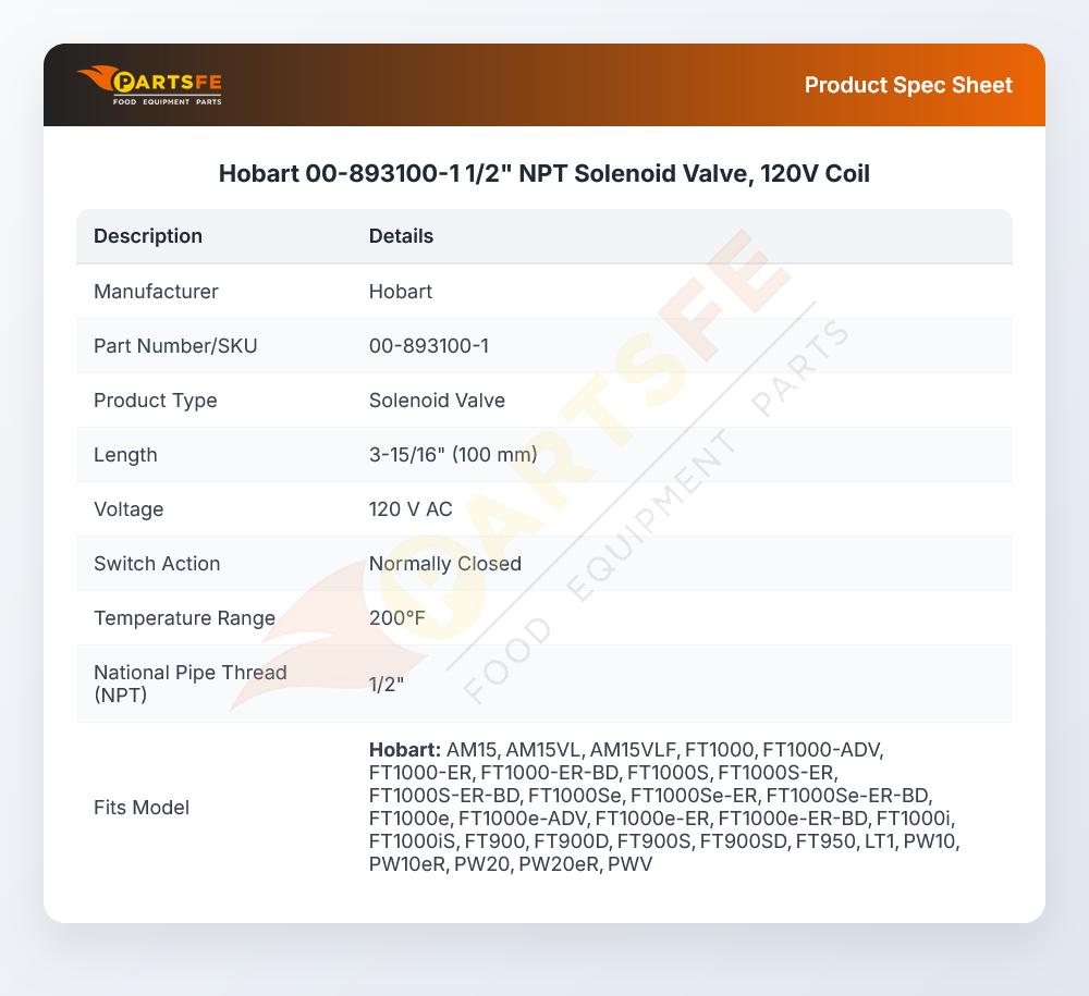 Hobart 00-893100-1 Dishwasher Solenoid Valve 1/2" 120V