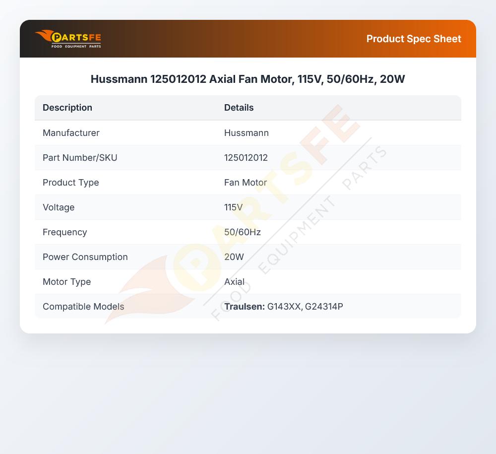 Hussmann 125012012 Axial Fan Motor 20W 115V 50/60Hz