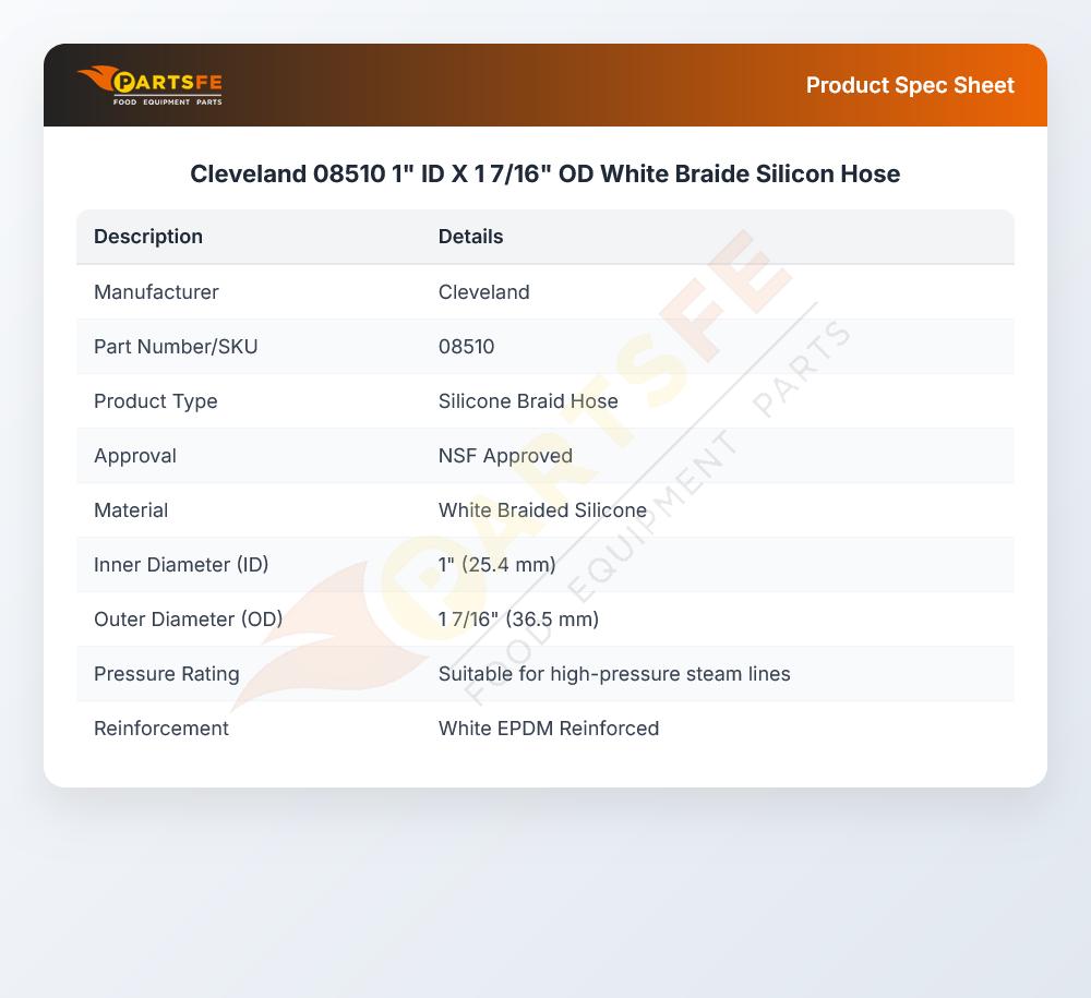 Cleveland 08510 1" ID X 1 7/16" OD White Braide Silicon Hose