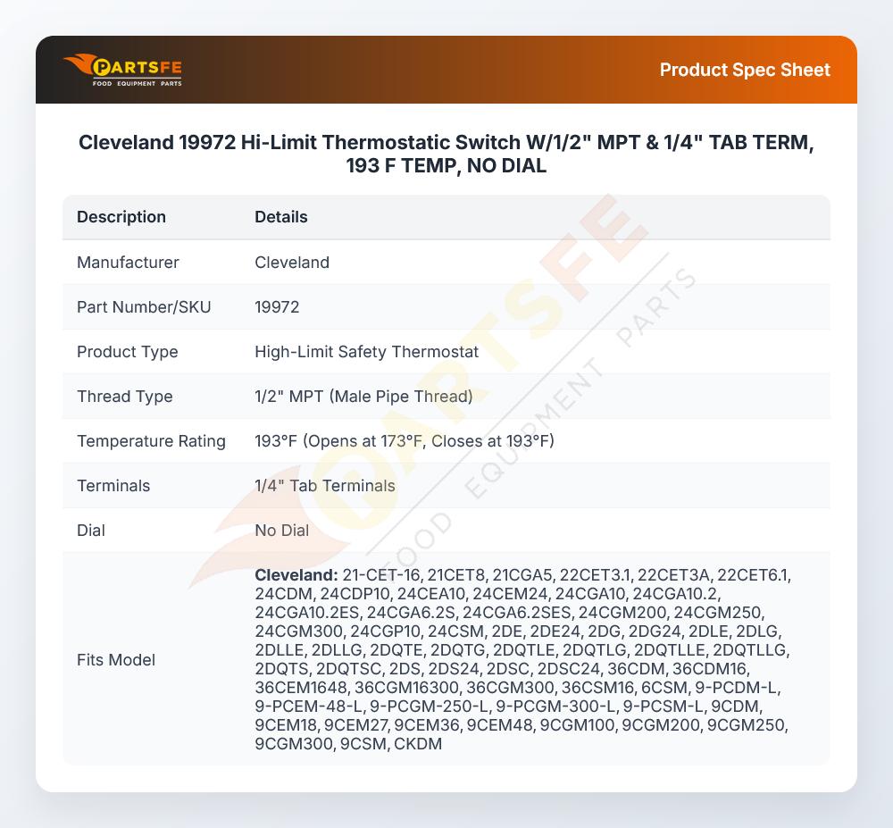 Cleveland 19972 High Limit Thermostatic Switch 173&deg;F-193&deg;F
