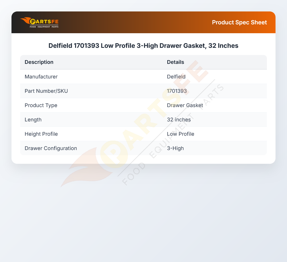 Delfield 1701393 Low Profile 3-High Drawer Gasket, 32 Inches