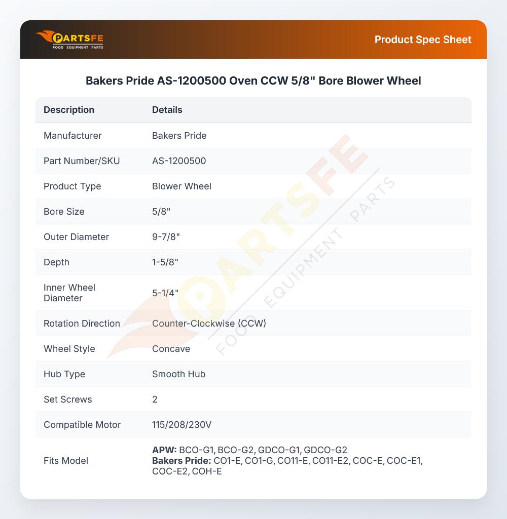 Bakers Pride AS-1200500 Oven CCW 5/8" Bore Blower Wheel