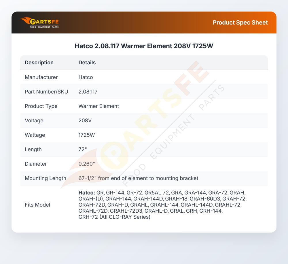 Hatco 2.08.117 Warmer Element 208V 1725W