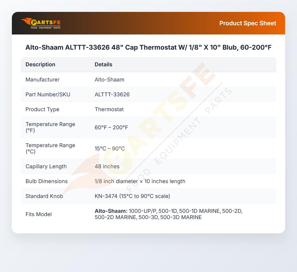 Alto-Shaam ALTTT-33626 Thermostat W/60&deg;-200&deg;F 1/8" X 10" Bulb 48" CAP