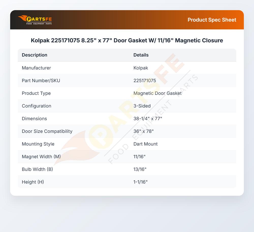 Kolpak 225171075 Door Gasket W/Magnetic Closure 8.25" X 77" X 11/16"