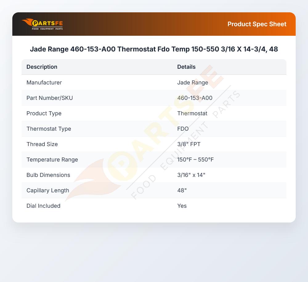 Jade Range 460-153-A00 Thermostat FDO W/ 48" CAP 3/16" X 14 3/4" 150&deg;F-550&deg;F