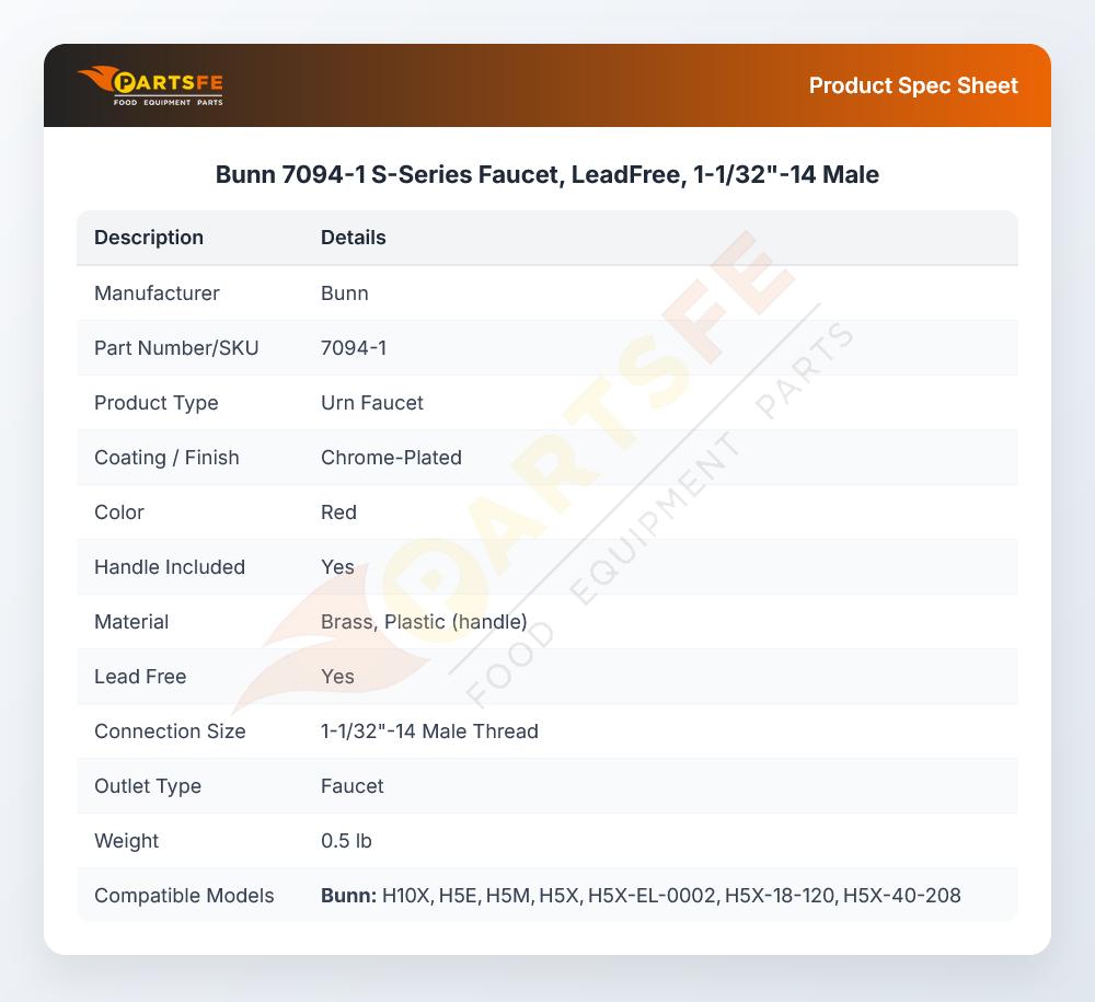 Bunn 7094-1 S-Series Faucet, LeadFree, 1-1/32"-14 Male