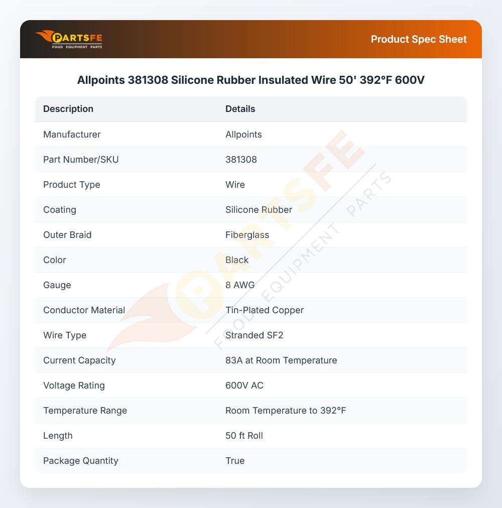 Allpoints 381308  Silicone Rubber Insulated Wire 50' 392&deg;F 600V