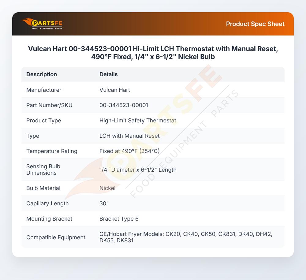 Vulcan Hart 00-344523-00001 Hi-Limit LCH Thermostat with Manual Reset, 490&deg;F Fixed, 1/4" x 6-1/2" Nickel Bulb