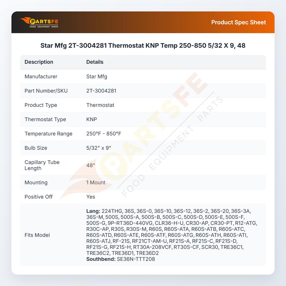 Star Mfg 2T-3004281 Convection Oven Thermostat 5/32&prime;&prime; X 48&prime;&prime; X 9&prime;&prime; CAP 250-850&deg;F KNP
