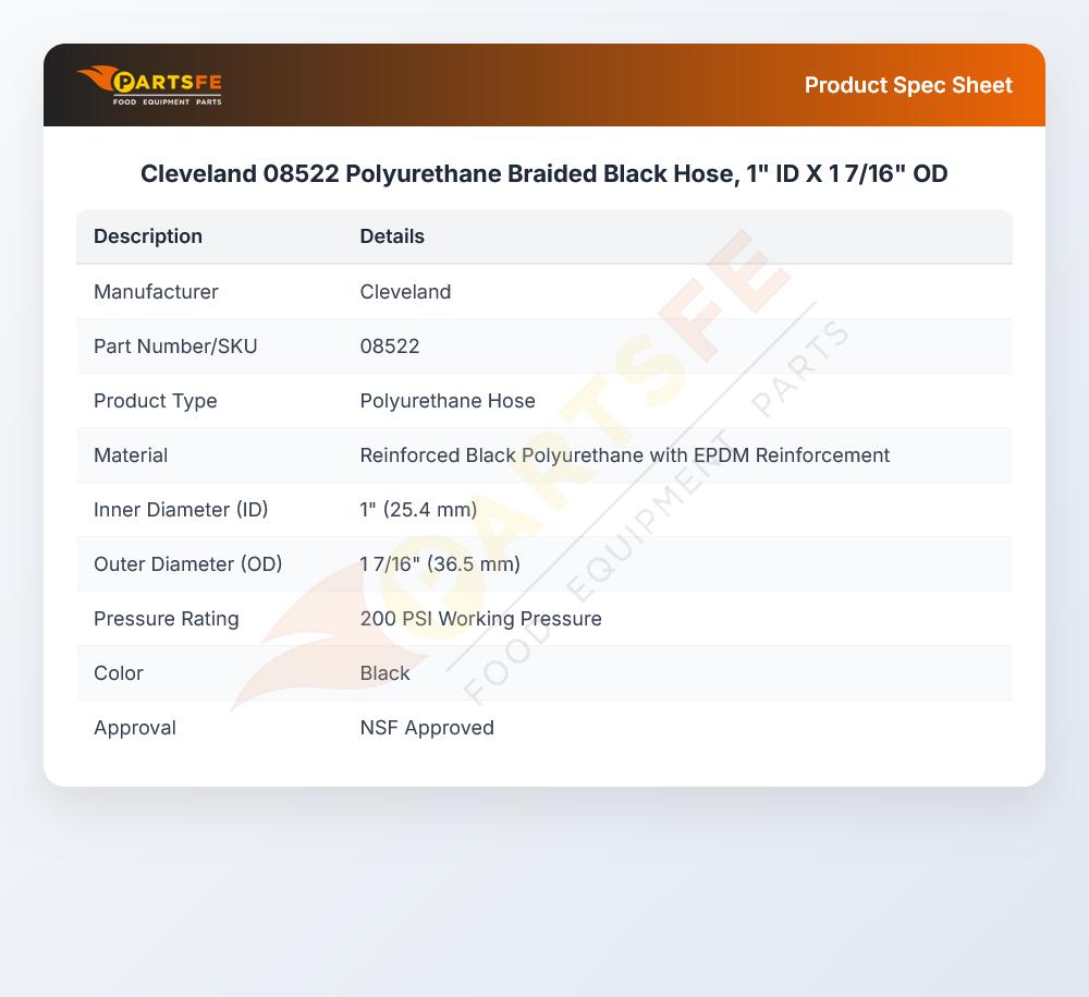 Cleveland 08522 Polyurethane Braided Black Hose, 1" ID X 1 7/16" OD