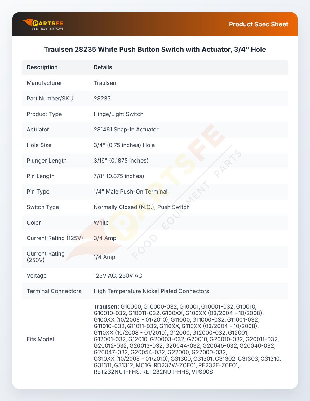 Traulsen 28235 White Push Button Switch with Actuator, 3/4" Hole