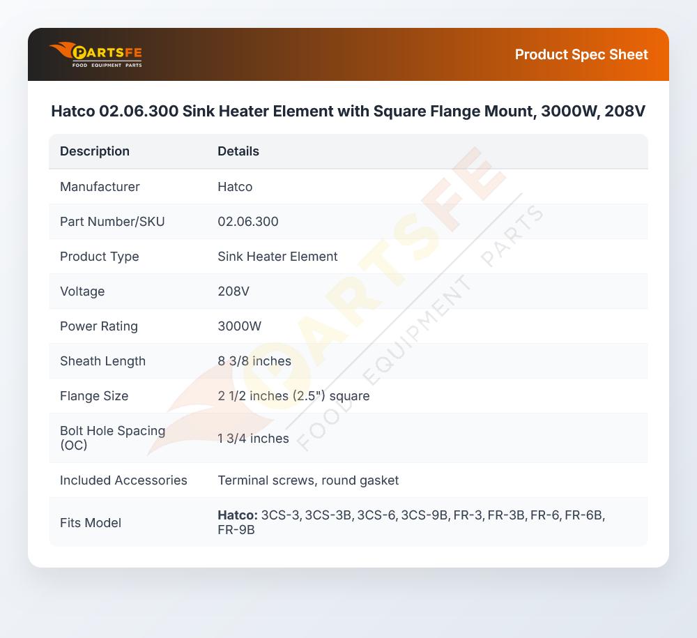 Hatco 02.06.300 Sink Heater Element with Square Flange Mount, 3000W, 208V