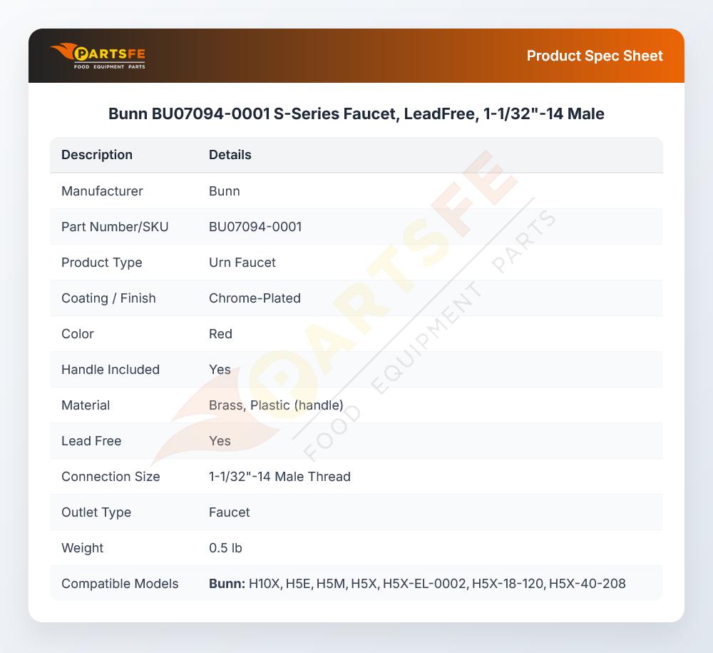 Bunn BU07094-0001 S-Series Faucet, LeadFree, 1-1/32"-14 Male