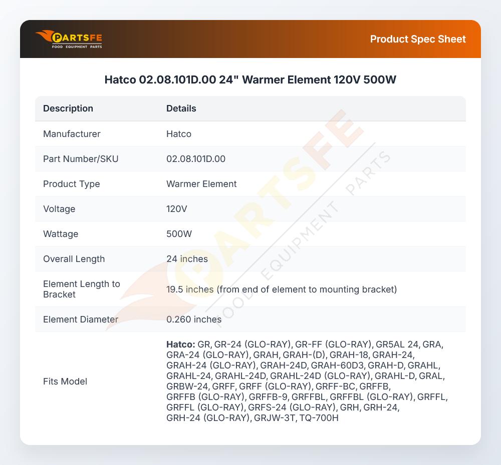 Hatco 02.08.101D.00 24" Warmer Element 120V 500W