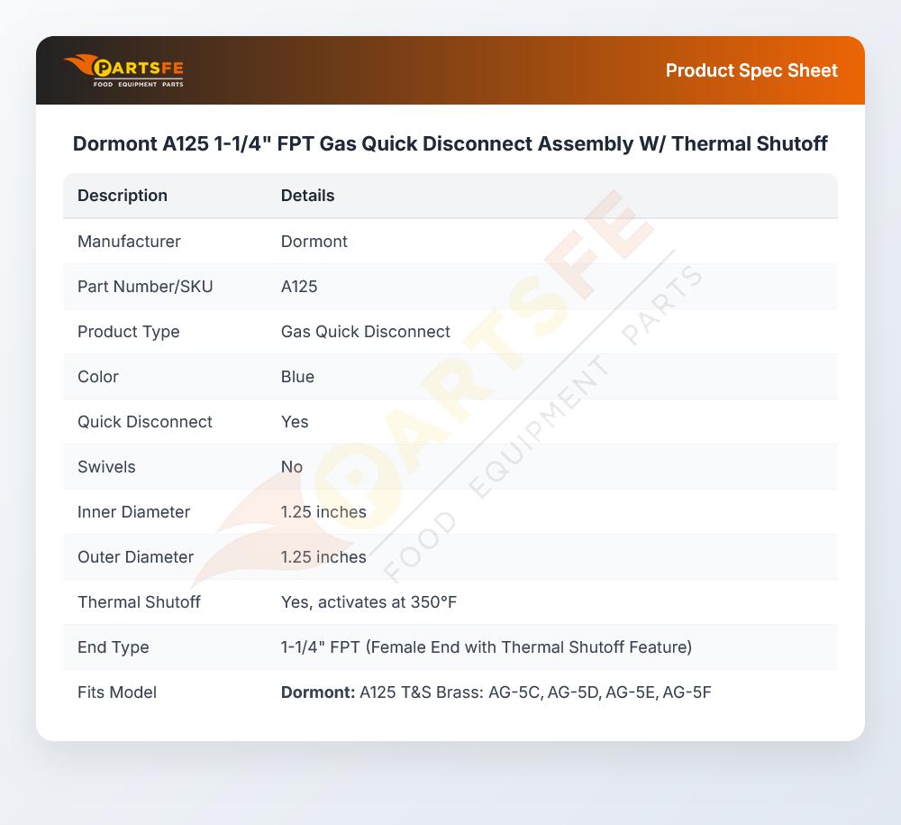 Dormont A125 Quick Disconnect Assembly W/Thermal Shutoff 1-1/4" FPT