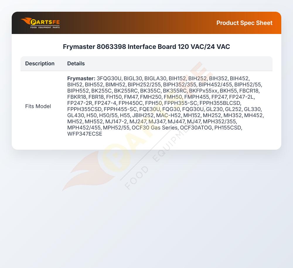Frymaster 8063398 Fryer Interface Board 120 VAC/24 VAC
