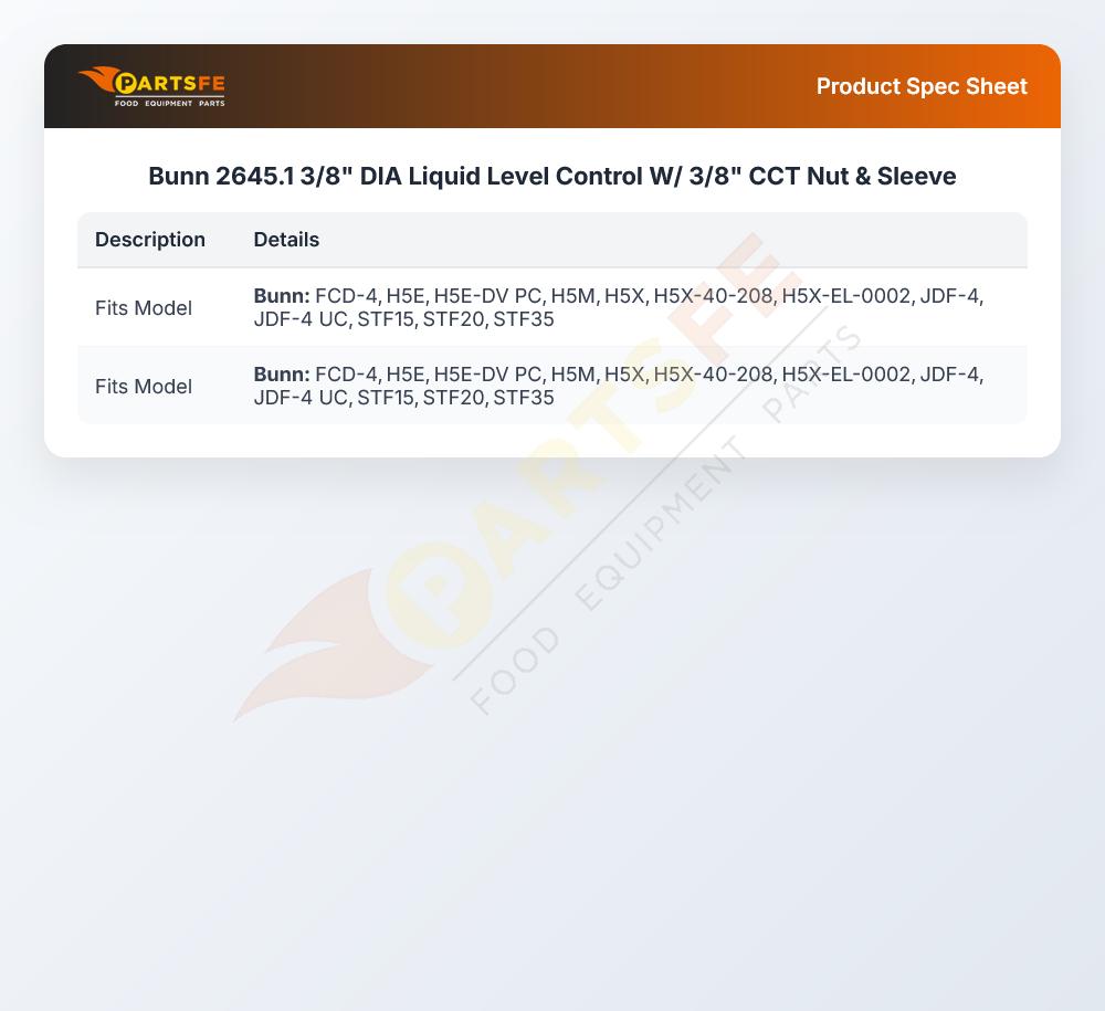Bunn 2645.1 3/8" DIA Liquid Level Control W/ 3/8" CCT Nut & Sleeve